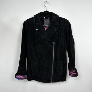Isaac Mizrahi Live Women Suede Leather Biker Floral Jacket Sz 2 Black Zipper